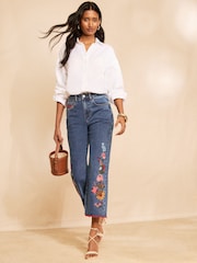 Love & Roses x RHS Mid Blue Floral Embroidered Straight Crop Jeans - Image 3 of 5