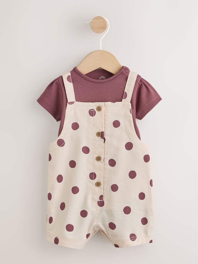 Burgundy/Ecru Spot Woven Baby Dungaree And Bodysuit 2 Piece Set (0mths-2yrs) - Image 1 of 8