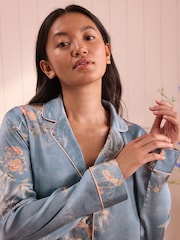 Laura Ashley Blue Avielle Hammered Satin Button Through Pyjamas - Image 4 of 5