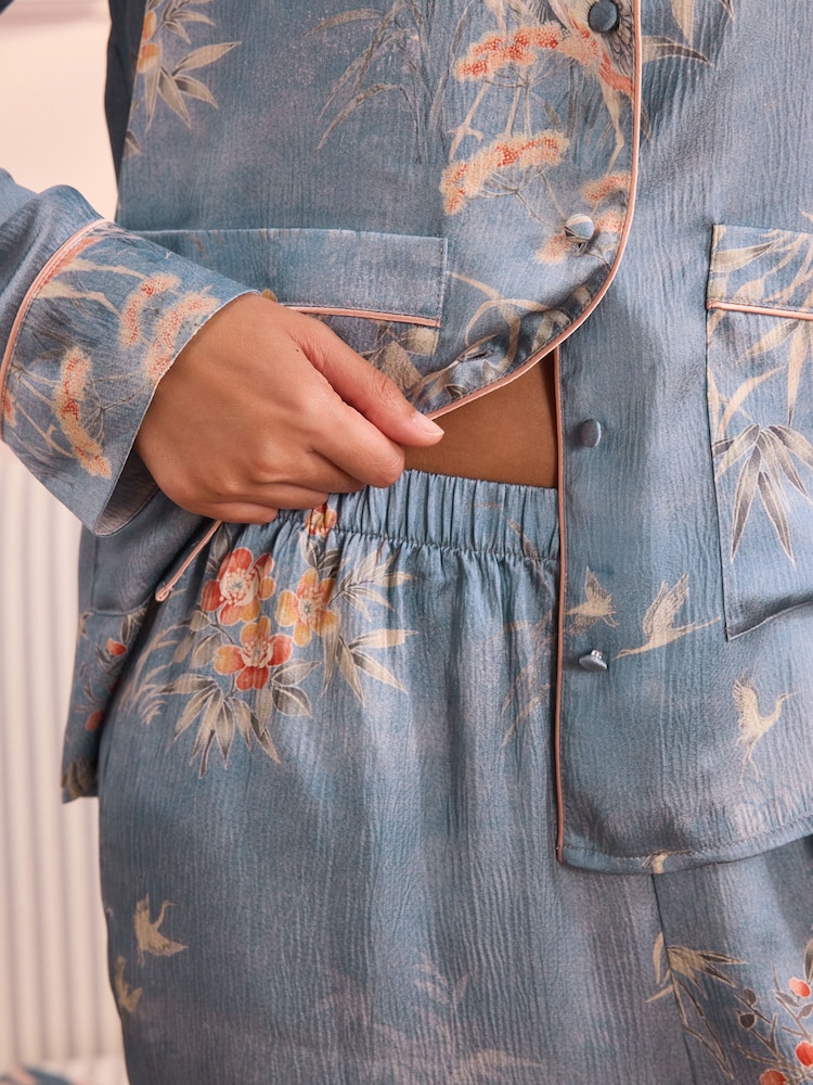 Laura Ashley Blue Avielle Hammered Satin Button Through Pyjamas - Image 5 of 5