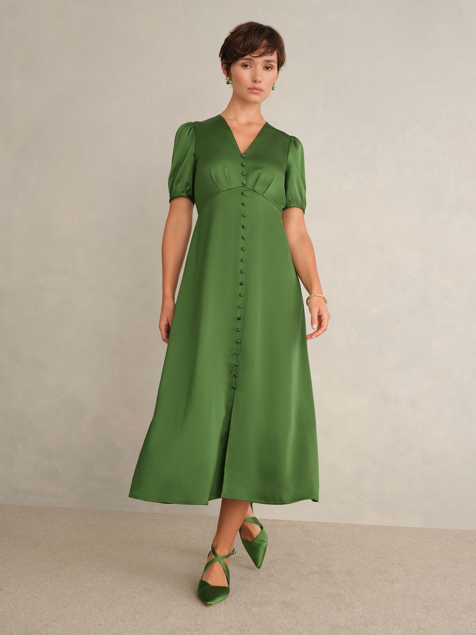 ワンピース DOUBLE SATIN SQUARED HEM DRESS Buy Hobbs Bay Leaf Green Isabelle Textured Satin Dress from the