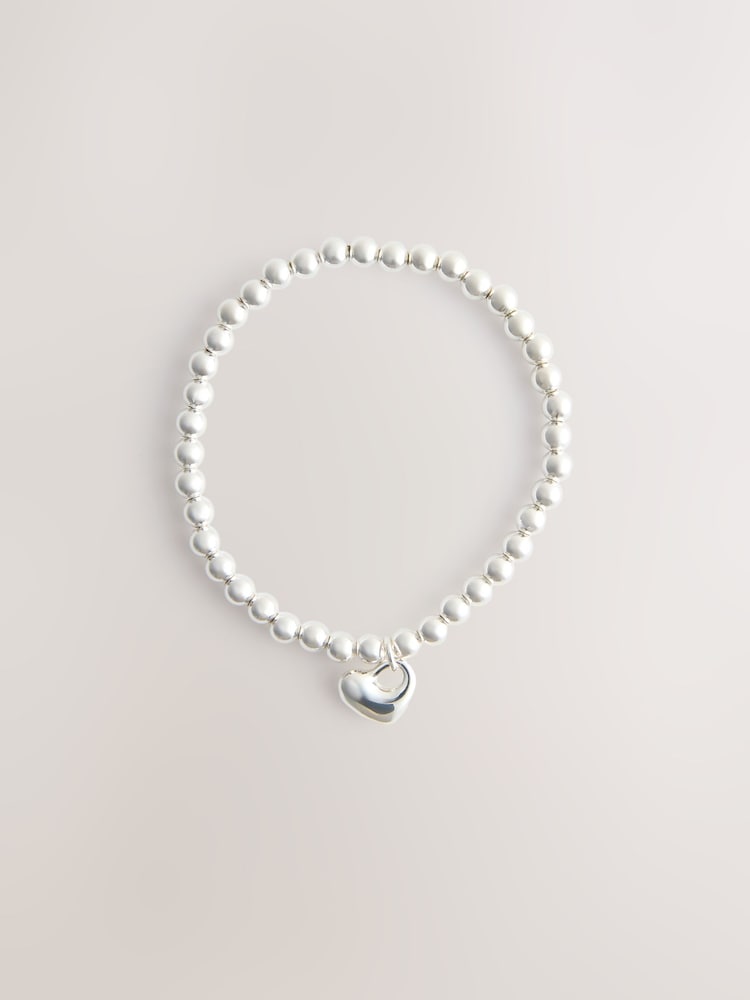 Silver (Metal) Sterling Plated Heart Ball Stretch Bracelet - Image 1 of 1