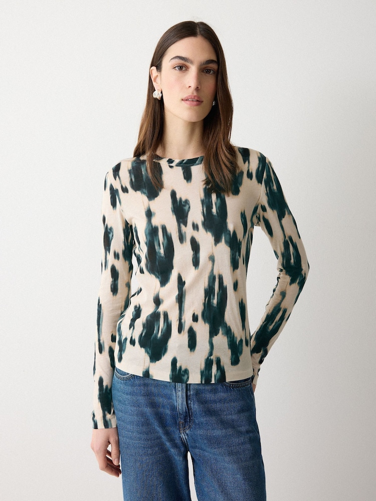 Jigsaw Cream Ikat Long Sleeve Jersey T-Shirt - Image 1 of 6