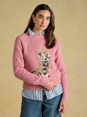Joules Dashchund Dog Pink Cotton Blend Crew Neck Knitted Jumper - Image 1 of 7