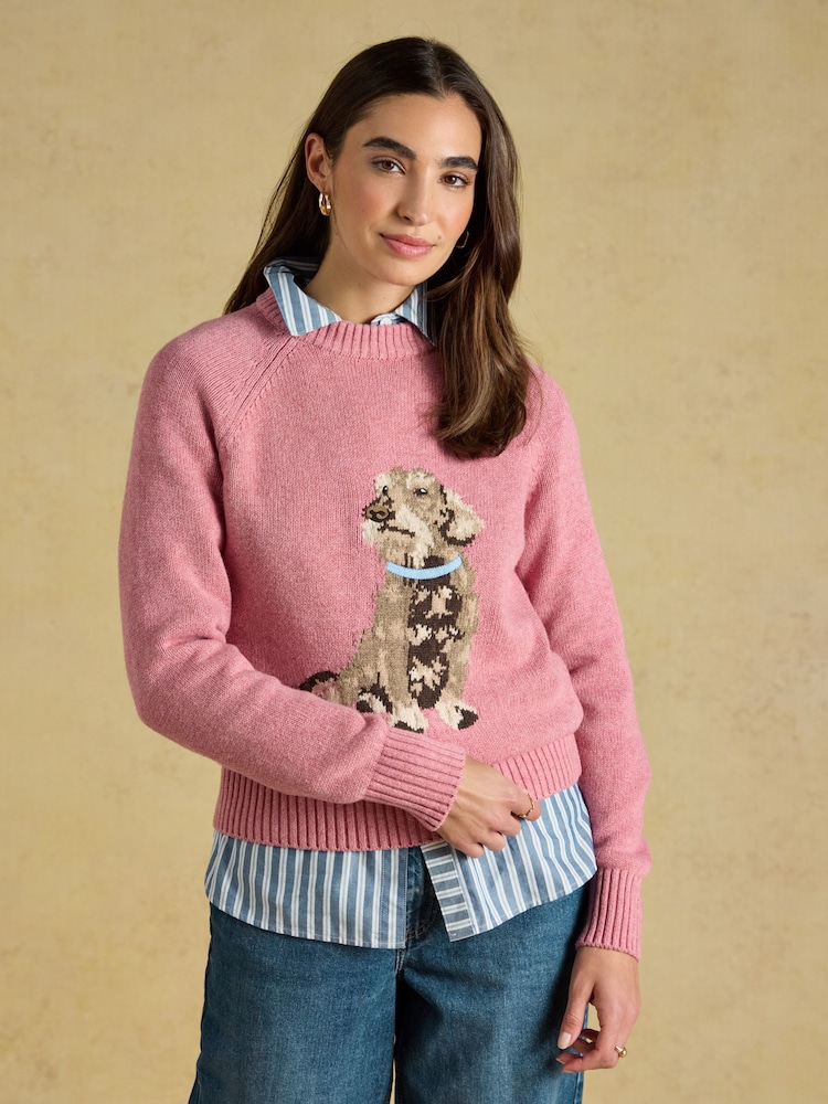 Joules Dashchund Dog Pink Cotton Blend Crew Neck Knitted Jumper - Image 1 of 7