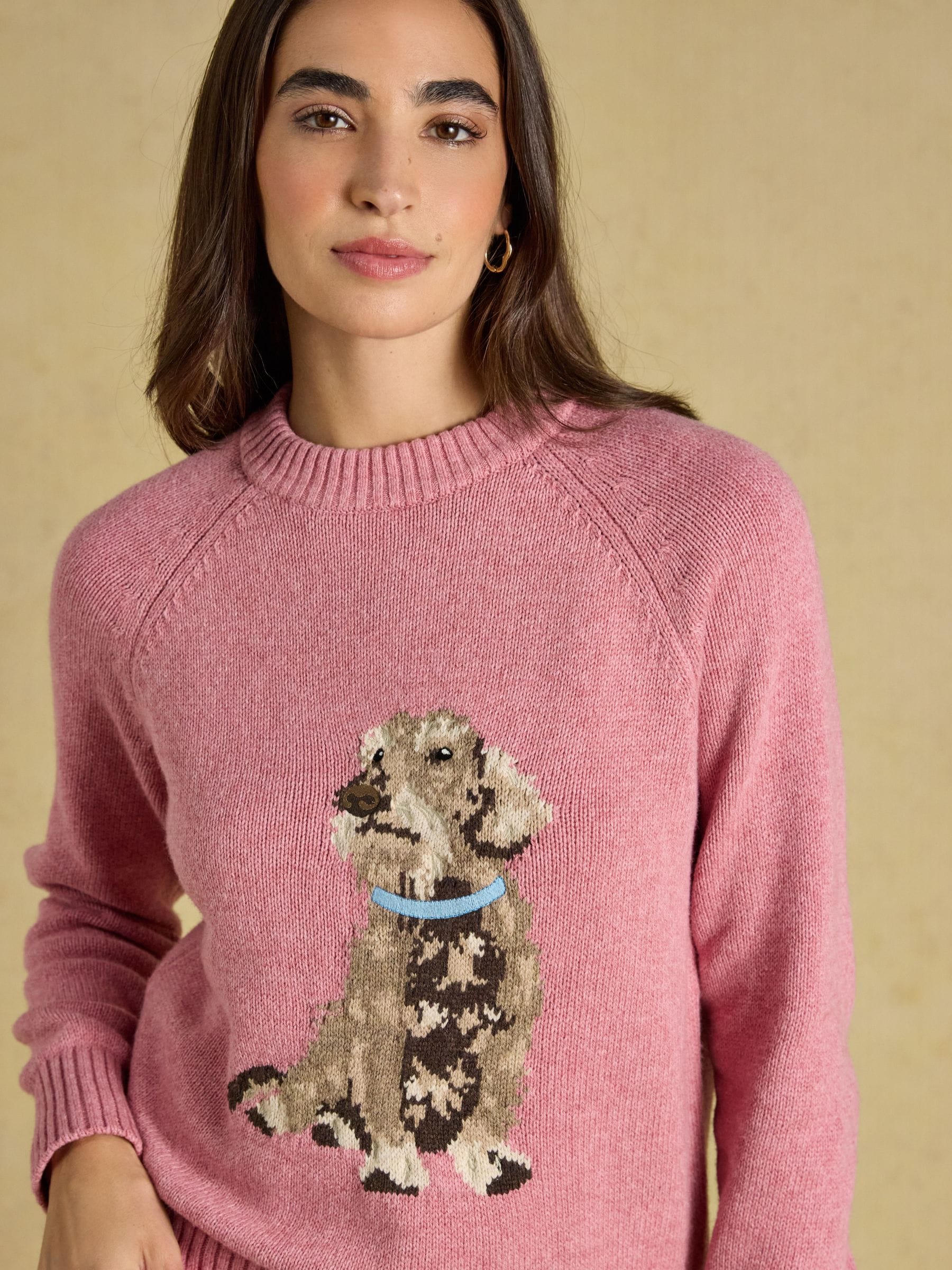 Buy Joules Dachshund Pink Cotton Blend Crew Neck Knitted Jumper