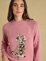 Joules Dashchund Dog Pink Cotton Blend Crew Neck Knitted Jumper - Image 4 of 7