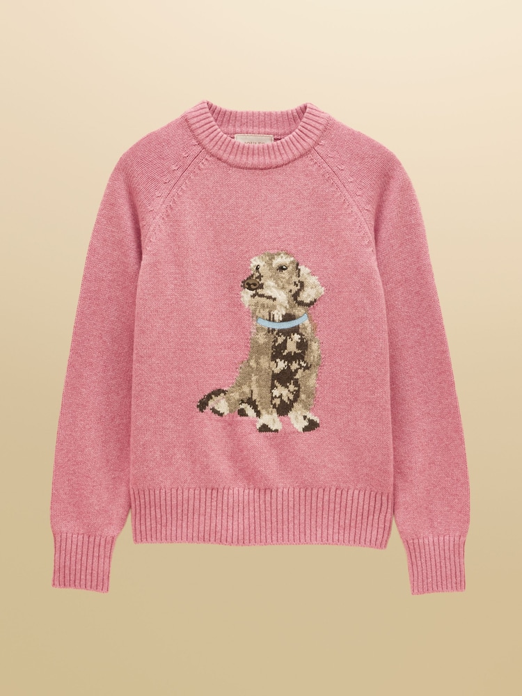 Joules Dashchund Dog Pink Cotton Blend Crew Neck Knitted Jumper - Image 7 of 7