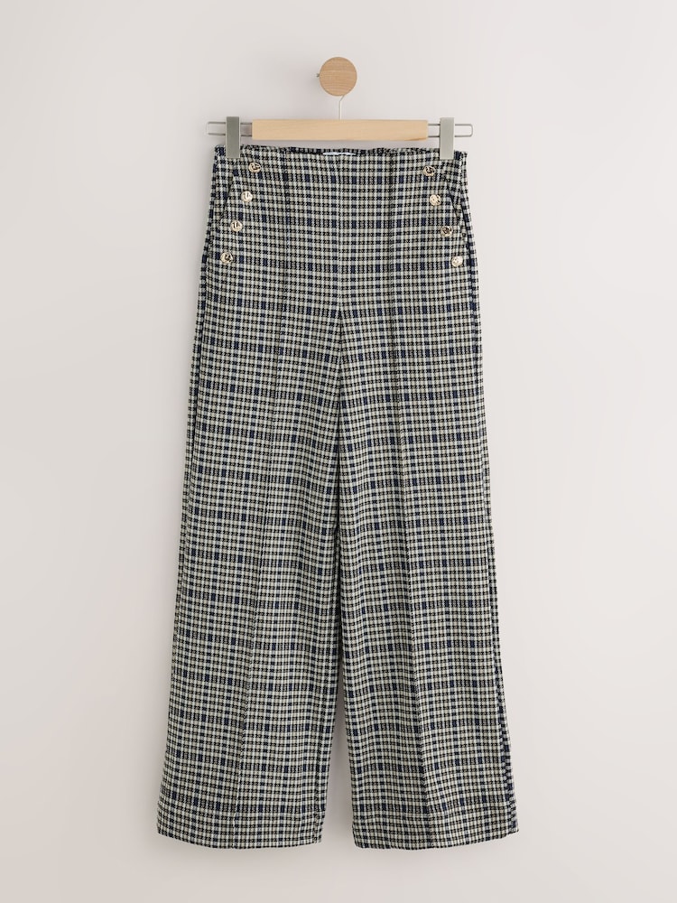Ecru/Blue/Black Check Ponte Wide Leg Trousers With Button Detailing - Image 1 of 3 Ecru/Blue/Black Check Ponte Wide Leg Trousers With Button Detailing - Image 1 of 3