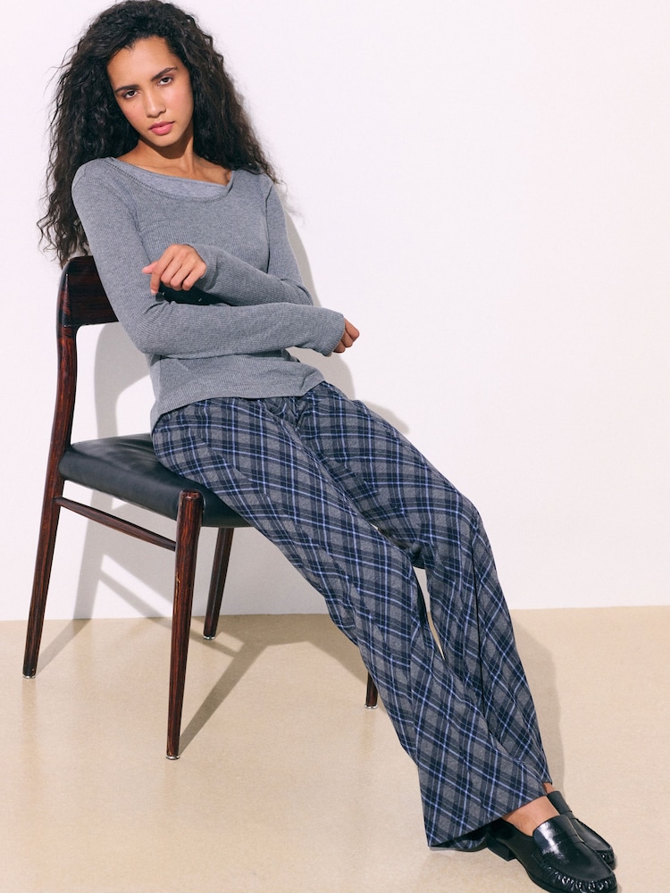 Blue/Grey Check Pintuck Ponte Bootcut Trousers - Image 1 of 8 Blue/Grey Check Pintuck Ponte Bootcut Trousers - Image 1 of 8