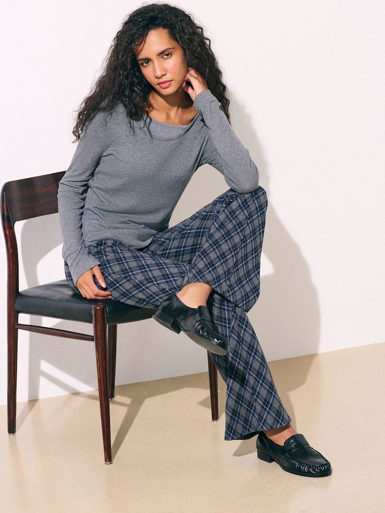 Blue/Grey Check Pintuck Ponte Bootcut Trousers - Image 2 of 8 Blue/Grey Check Pintuck Ponte Bootcut Trousers - Image 2 of 8