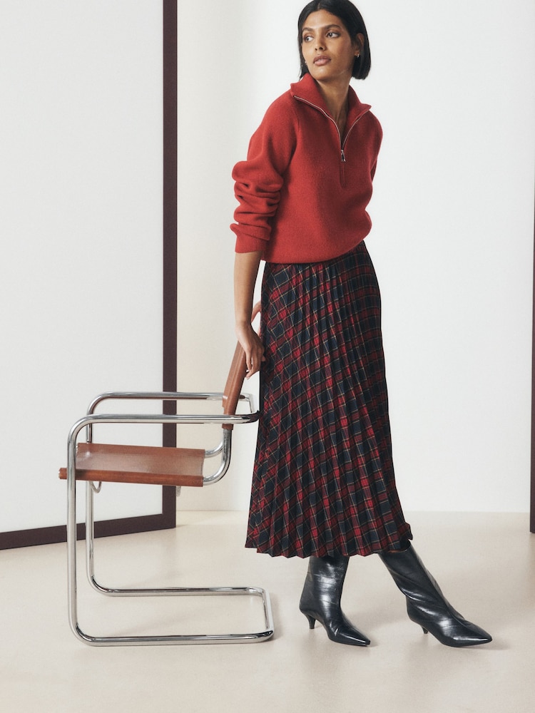 Red/Navy Blue Check Pleated Midi Skirt - Image 1 of 8 Red/Navy Blue Check Pleated Midi Skirt - Image 1 of 8