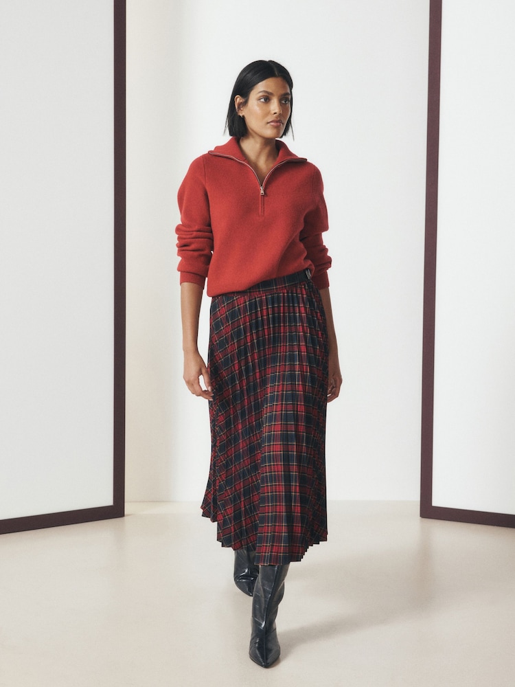 Red/Navy Blue Check Pleated Midi Skirt - Image 2 of 8 Red/Navy Blue Check Pleated Midi Skirt - Image 2 of 8