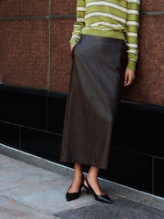Chocolate Brown Textured Faux Leather Column Midi Skirt - Image 2 of 7