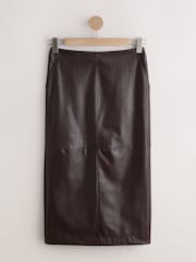 Chocolate Brown Textured Faux Leather Column Midi Skirt - Image 5 of 7