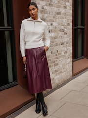 Burgundy Red Faux Leather Midi Kilt Skirt - Image 1 of 9