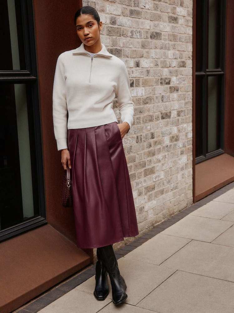 Burgundy Red Faux Leather Midi Kilt Skirt - Image 1 of 9 Burgundy Red Faux Leather Midi Kilt Skirt - Image 1 of 9