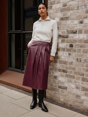 Burgundy Red Faux Leather Midi Kilt Skirt - Image 2 of 9