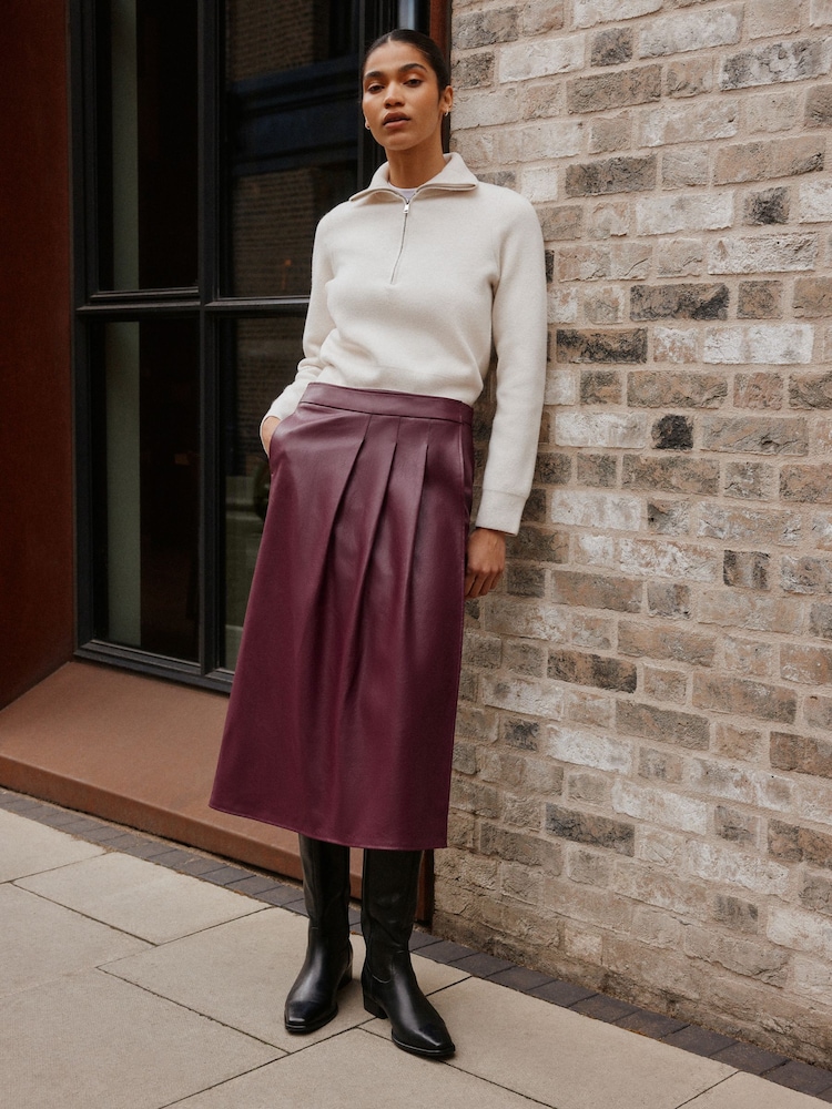 Burgundy Red Faux Leather Midi Kilt Skirt - Image 2 of 9 Burgundy Red Faux Leather Midi Kilt Skirt - Image 2 of 9