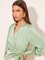 Lipsy Green Satin Hardware Detail Wrap Top - Image 1 of 4