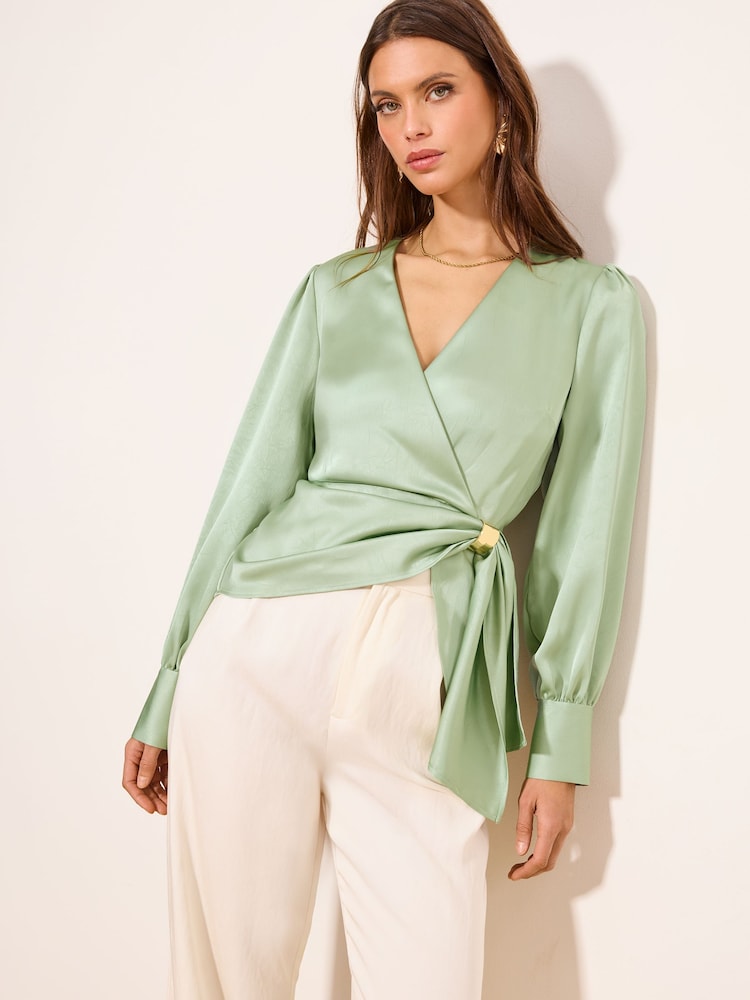 Lipsy Green Satin Hardware Detail Wrap Top - Image 2 of 4