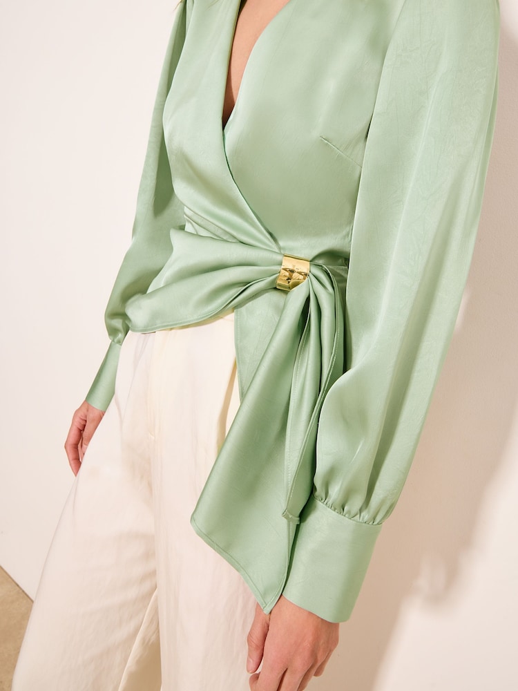 Lipsy Green Satin Hardware Detail Wrap Top - Image 4 of 4
