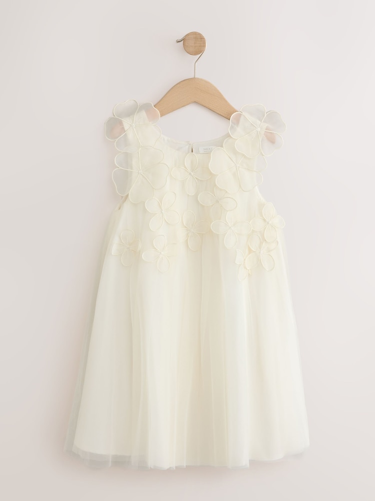 שנהב - Flower Girl 3D Flowers Mesh Dress (3-16yrs) - תמונה 1 מתוך 4