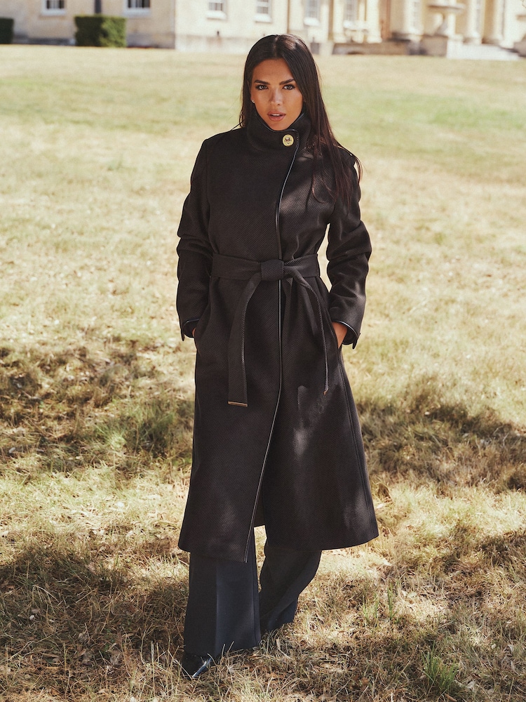 Lipsy x Gemma Owen Black Petite Petite Funnel Neck Belted Longline Coat - Image 1 of 5 Lipsy x Gemma Owen Black Petite Petite Funnel Neck Belted Longline Coat - Image 1 of 5