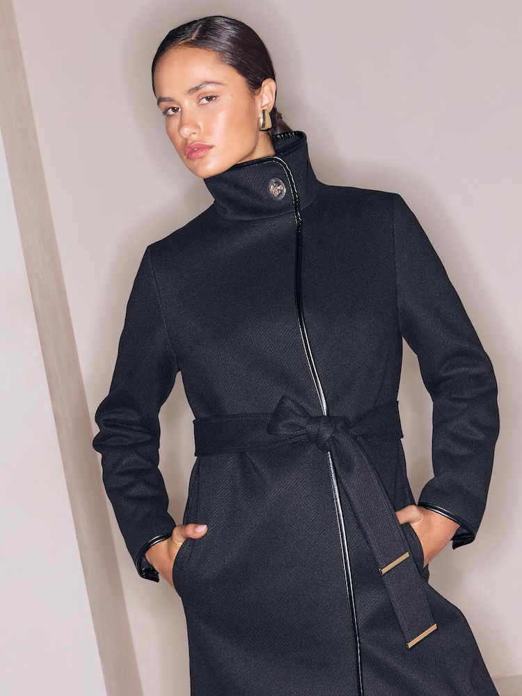 Lipsy x Gemma Owen Black Petite Petite Funnel Neck Belted Longline Coat - Image 2 of 5 Lipsy x Gemma Owen Black Petite Petite Funnel Neck Belted Longline Coat - Image 2 of 5