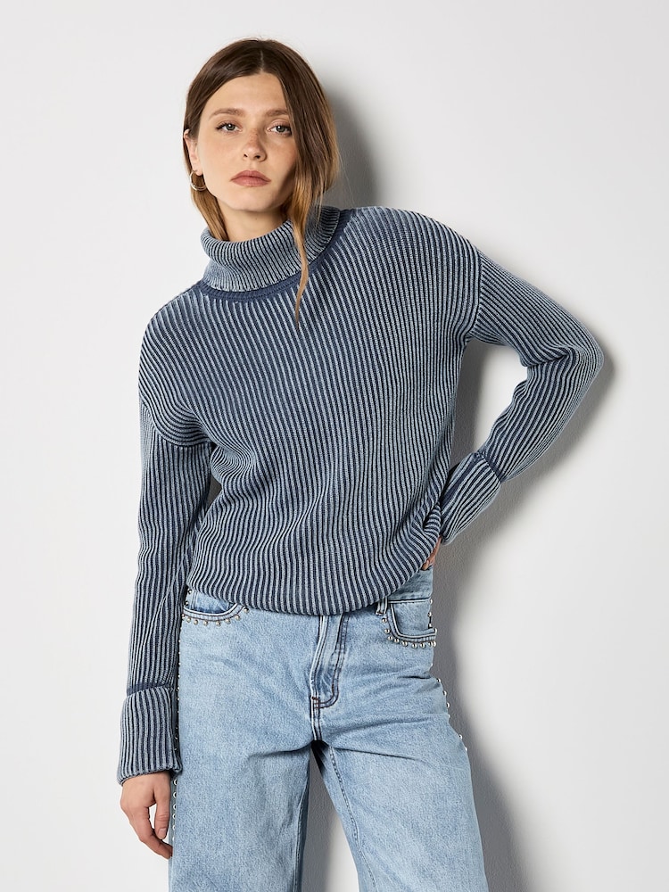 Apricot Blue Roll Neck Ribbed Stonewashed Jumper - Image 1 of 4 Apricot Blue Roll Neck Ribbed Stonewashed Jumper - Image 1 of 4