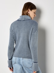 Albastru - Apricot Roll Neck Ribbed Stonewashed Jumper - Imaginea 3 din 4
