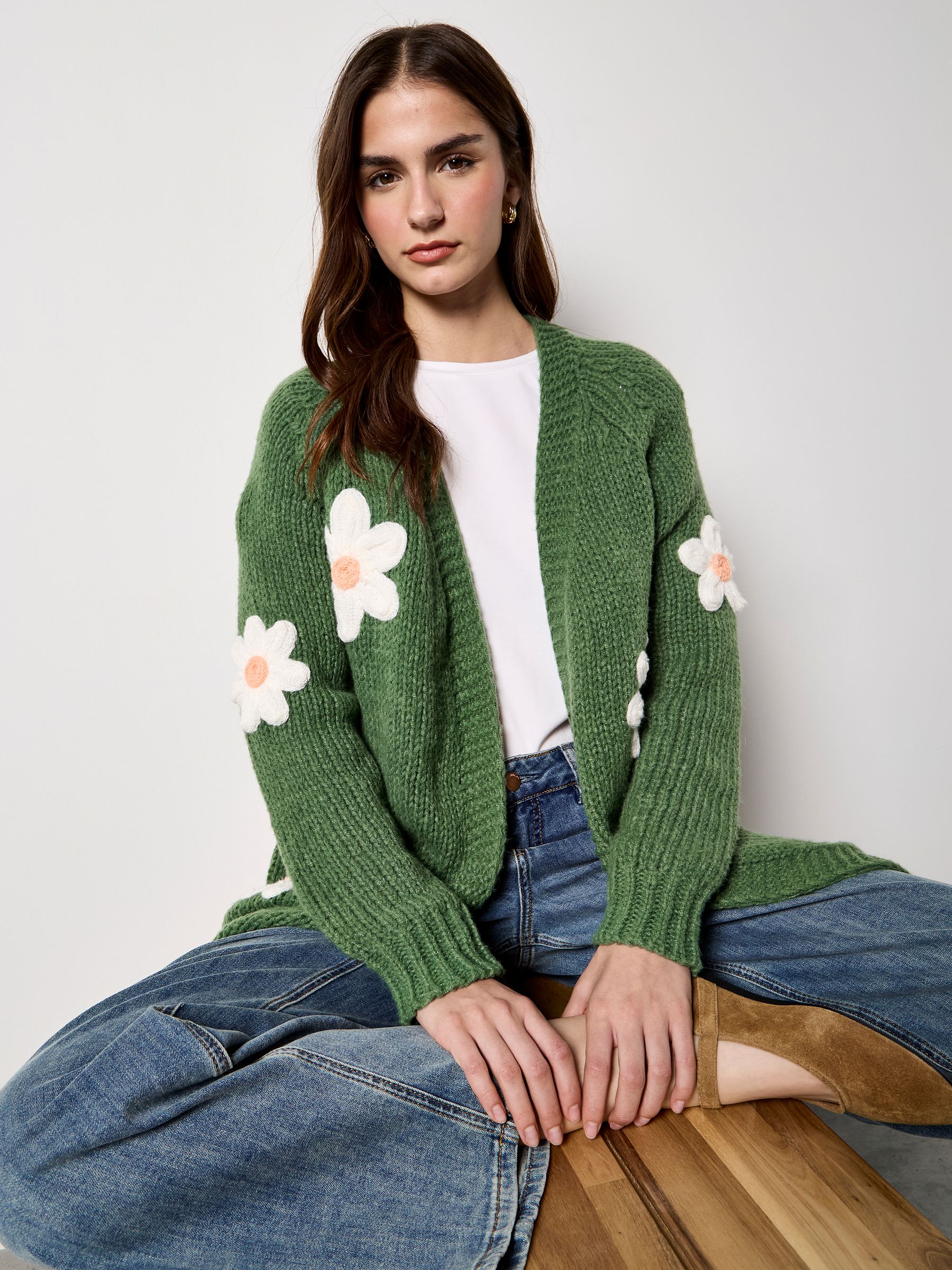 Buy Apricot Green 3D Daisy Chunky Knit Cardigan from the Next UK
