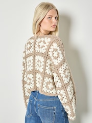 Apricot Brown Hand-Knit Crochet Squares Cardigan - Image 3 of 4