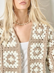 Apricot Brown Hand-Knit Crochet Squares Cardigan - Image 4 of 4