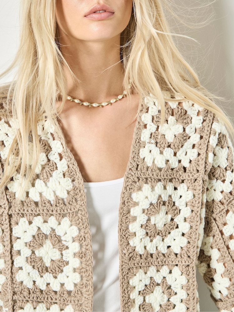 Apricot Brown Hand-Knit Crochet Squares Cardigan - Image 4 of 4 Apricot Brown Hand-Knit Crochet Squares Cardigan - Image 4 of 4