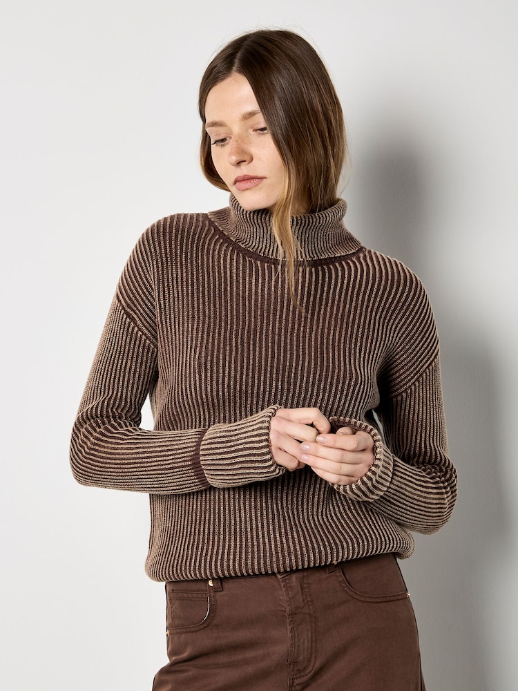 Apricot Brown Roll Neck Ribbed Stonewashed Jumper - Image 1 of 4 Apricot Brown Roll Neck Ribbed Stonewashed Jumper - Image 1 of 4
