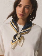 Navy Blue / Ochre Yellow Stripe - Square Lightweight Scarf with Silk - Imagen 1 de 6
