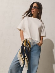 Navy Blue / Ochre Yellow Stripe - Square Lightweight Scarf with Silk - Imagen 2 de 6