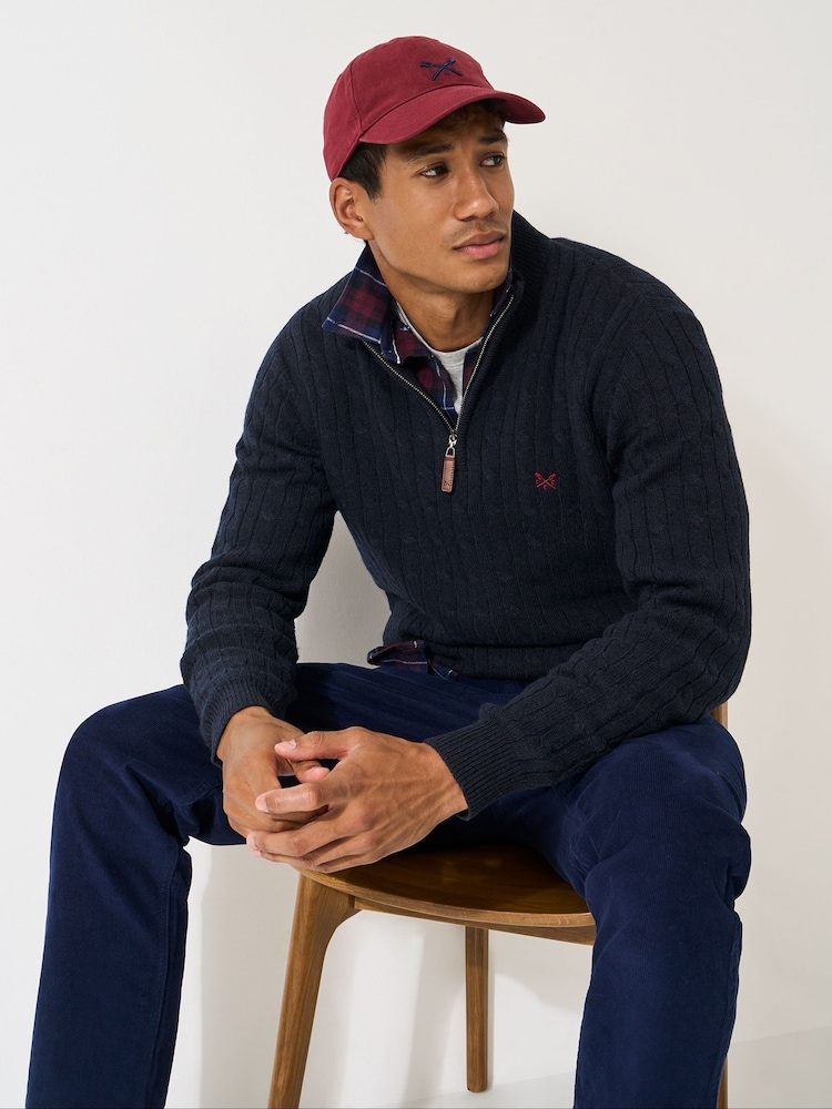 Crew Clothing Blue Lambswool Cable Half Zip Jumper - Image 1 of 5 Crew Clothing Blue Lambswool Cable Half Zip Jumper - Image 1 of 5