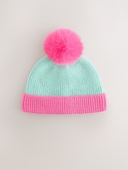 Pink and Blue Colour Block Knitted Baby Pom Hat - Image 1 of 3