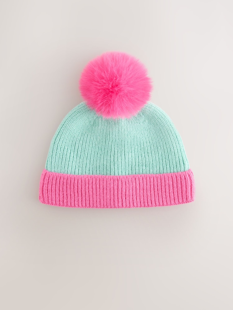 Pink and Blue Colour Block Knitted Baby Pom Hat - Image 1 of 3