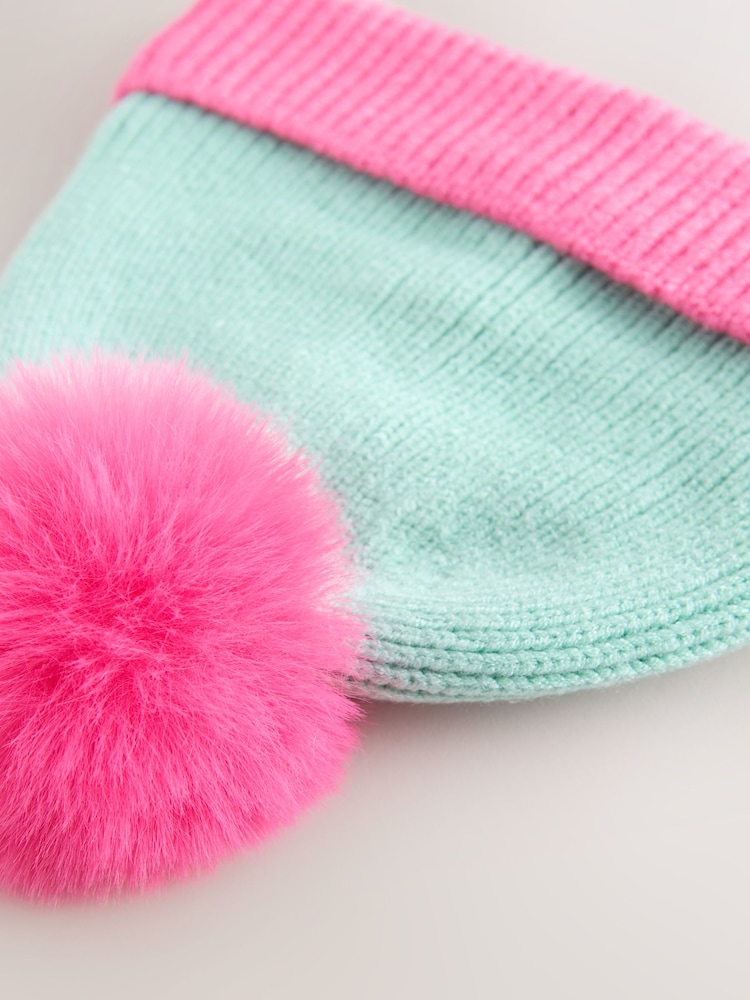 Pink and Blue Colour Block Knitted Baby Pom Hat - Image 2 of 3