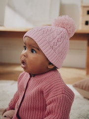Pink Cable Knitted Pom - Cable Knitted Pom Baby Beanie Hat - 圖片 1，共 5
