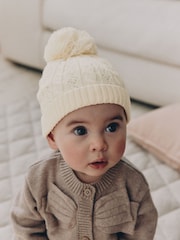 乳白色 - Cable Knitted Pom Baby Beanie Hat - 圖片 1，共 5