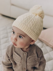 乳白色 - Cable Knitted Pom Baby Beanie Hat - 圖片 2，共 5