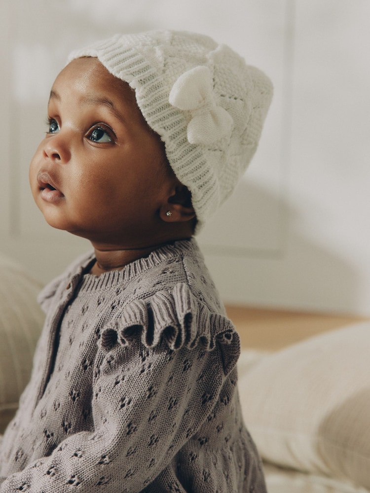 Cream Pointelle Knitted Bow Baby Beanie - Image 1 of 6