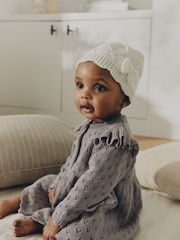 Cream Pointelle Knitted Bow Baby Beanie - Image 2 of 6