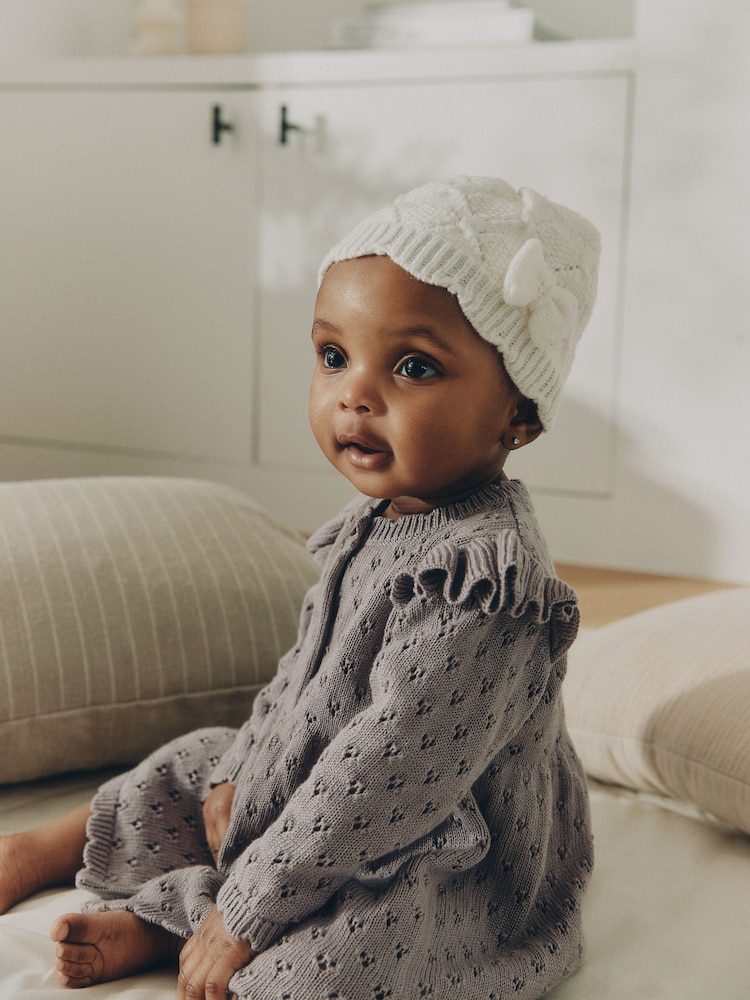 Cream Pointelle Knitted Bow Baby Beanie - Image 2 of 6