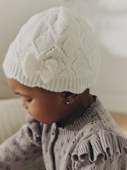 Cream Pointelle Knitted Bow Baby Beanie - Image 3 of 6