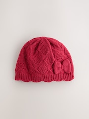 Red Pointelle Bow Knitted Bow Baby Beanie - Image 1 of 3